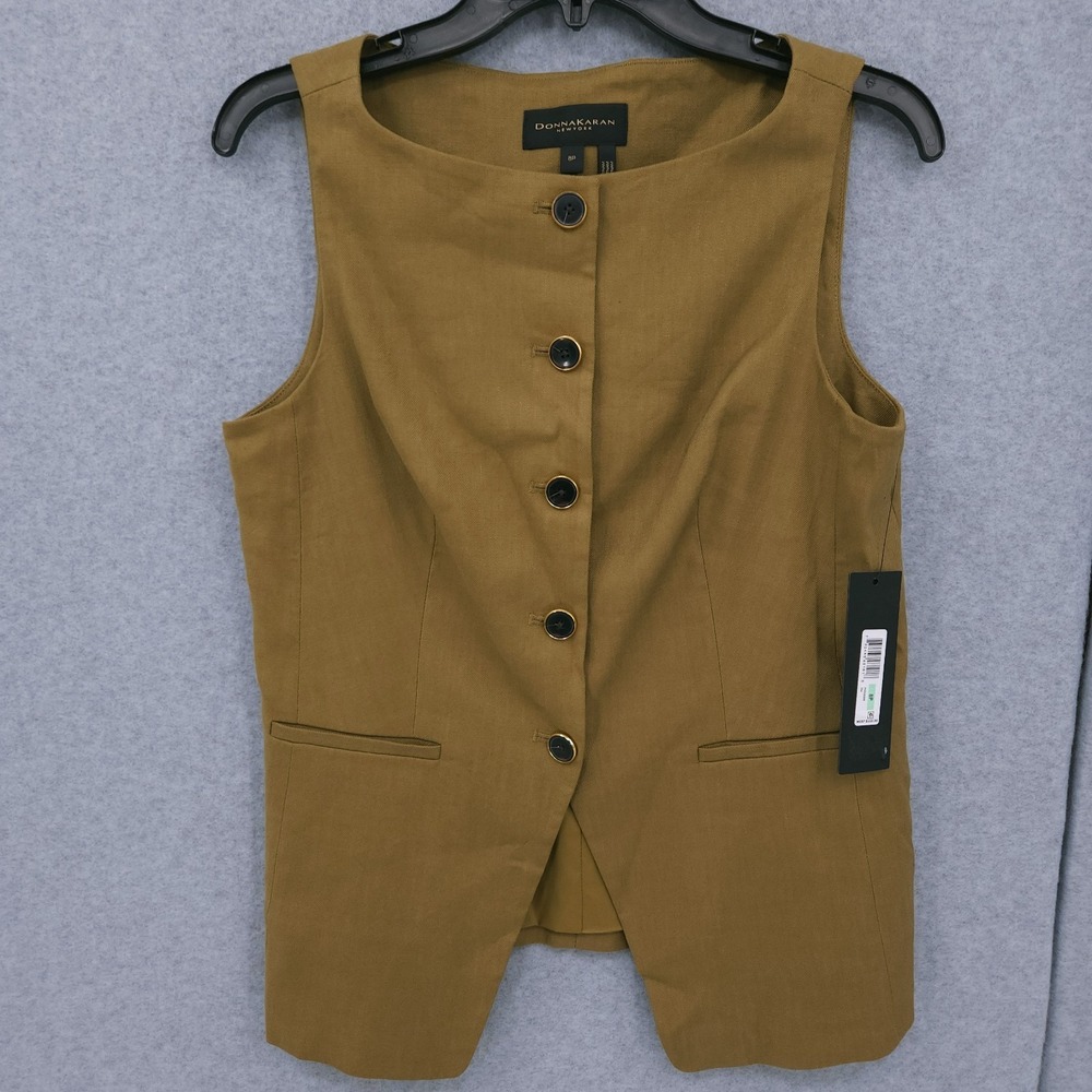 Donna Karan New York Linen Blend Scoop Neck Button Olive Vest Womens Size 8P NWT